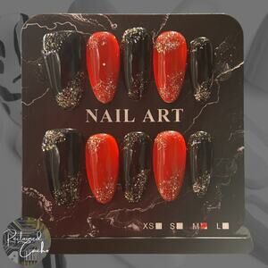Black and Red Medium Almond Press On Nails - Size Medium